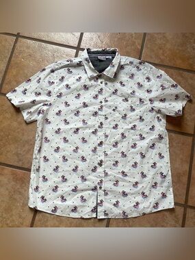 Men's White Short-Sleeve Button-Up Shirt with Pink & Blue flamingo Pattern